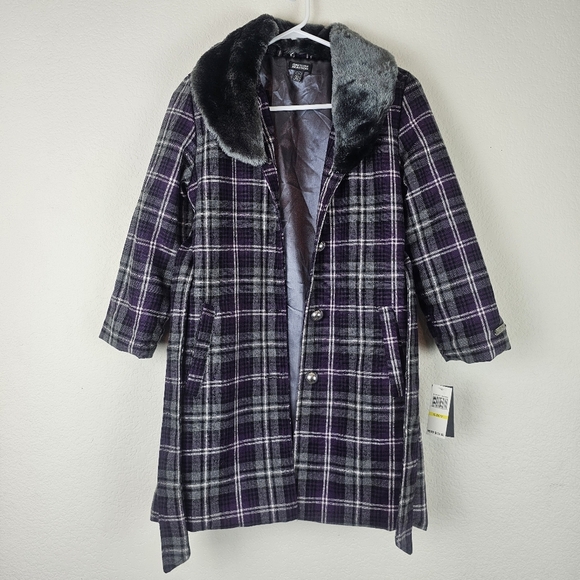 Kenneth Cole Reaction Plaid Coat with Faux Fur Collar Purple Gray Winter Warm - Picture 2 of 15